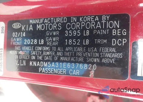 2014 Kia Rio Lx из США, поврежденный, VIN KNADM5A31E6376820